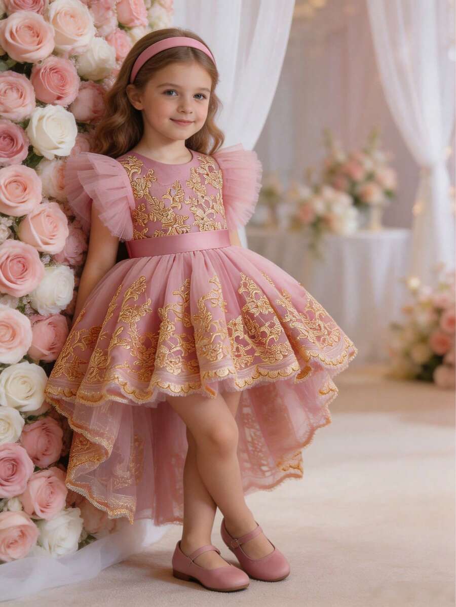 Girls' Elegant Flutter Sleeve Gold Thread Embroidered Train Dress, Puff Skirt Party Dress, Wedding Flower Girl Dress, Evening Gown - Pink - View 1
