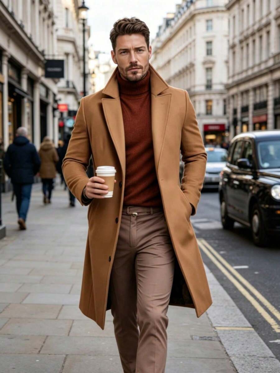Men's New Autumn/Winter Mid-Length Wool Coat, Fashionable British Style Wool Trench Coat. - Khaki - View 1
