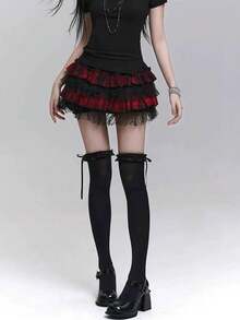 1 Pair Black Over-The-Knee Socks, Creative Lace, Bow And Ribbon Design, Pure Black, Versatile And Easy To Match - Black - View 4