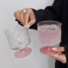 1pc/2pcs/6pcs Set Designer Frosted Pink Bark Texture High Foot Glass Coffee Cup Juice Cup Bubble Water Cup Beverage Cup - Pink - View 8