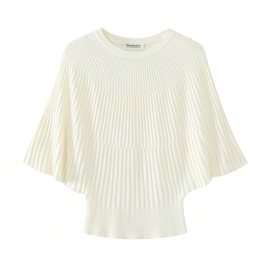 Commuter Versatile Round Neck Pleated Batwing Sleeve Knit Sweater Solid Color Knitted Top Home Daily Date Summer - White - View 1