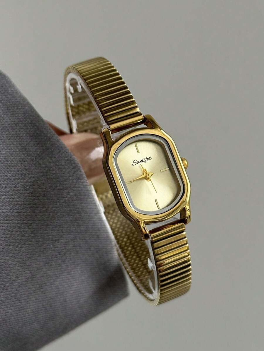 1 pieza Reloj de cuarzo con patrón de bambú cuadrado en oro/plata, adecuado para uso diario, regalo de cumpleaños, Navidad - Dorado - Ver 1