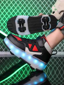 中性 LED 充電發光鞋，兒童輪滑鞋，多功能可變形輪滑鞋，適合四季穿著，附可拆卸輪子，適合戶外與運動滑行 - 紅色 - 查看 11