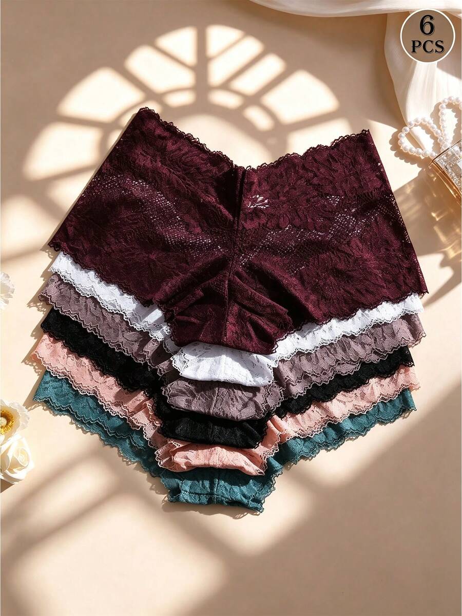 Temptuelle 6pcs/Pack Women's Sexy Lace Patchwork Seamless Briefs, Tummy Control And Butt Lifting, Stretchy Comfortable Breathable, Suitable For Yoga