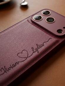Personalized Custom Name Laser Engraved Phone Case, Elegant Burgundy Lychee Texture Faux Leather, Shockproof Protective Phone Case, Compatible With IPhone 18 17 16 15 14 13 Pro Max And Plus, Minimalist Heart Carved Design, Customizable Text, Luxurious Soft Touch Leather Texture, Scratch Resistant And Drop Proof, Customized Gift Phone Case, Unique Birthday Anniversary Memorial Gift - Burgundy - View 5