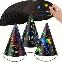 Colorful Scratch Card Party Hat Set - Cone Hats With Elastic Cord And Pen, For Creative Decoration And Group Interaction, 36pcs - Multicolor - View 3