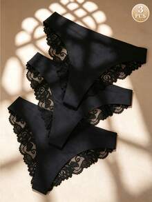 Temptuelle 3pcs/Set Women Sexy Lace Panties & Silk Underwear - Black - View 3