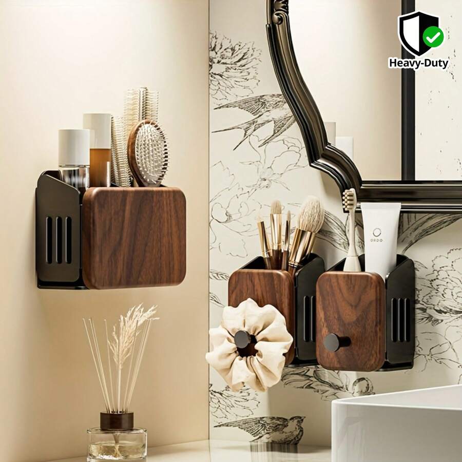 Heavy Duty Walnut Wood Toothbrush Holder Wall Mounted, Suitable For Bathroom, Space-Saving Adhesive Installation Storage Rack, Modern Minimalist Design, Walnut Wood Shower Caddy, Vanity Storage - No Assembly Required, Hygienic Toothbrush Holder, Storage Rack