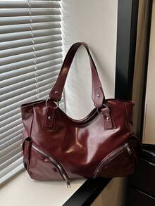 Vintage Large Capacity Tote Bag For Women, New Popular Minimalist Commuter Shoulder Bag - Red - View 10