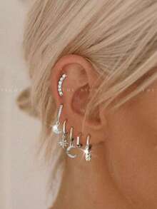 1 Set Of 6pcs Exquisite Sparkling Zirconia Earrings Studs Set, Suitable For Party, Holiday, Date Or Wedding - Silver - View 1