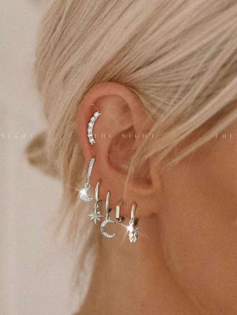 1 Set Of 6pcs Exquisite Sparkling Zirconia Earrings Studs Set, Suitable For Party, Holiday, Date Or Wedding - Silver - View 1