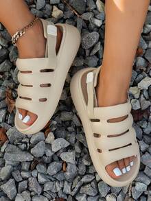 Women's Summer Casual Minimalist Versatile Solid Color Round Toe Thick Sole Wear-Resistant Breathable Slippers Open Toe Sandals Suitable For Indoor Outdoor Vacation - Beige - View 8