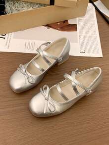 Sapatos de Salto Alto Femininos, Sapatos Mary Jane de Salto Grosso com Bico Quadrado em Verniz Brilhante, Estilo Europeu e Americano, Escritório, Reunião de Negócios, Café, Chá da Tarde, Primavera, Prata, Retrô, Elegante, Confortável, Uso Externo - Prata - Visão 7