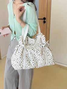 Sweet Cute Star Print Canvas Tote Bag With Dual Drawstring Closure, Soft Large Capacity Shoulder Bag, Fresh College Style Lightweight Bag Suitable For Class And Commute, Can Store Books And Personal Items, Women's Bag - Beige - View 6