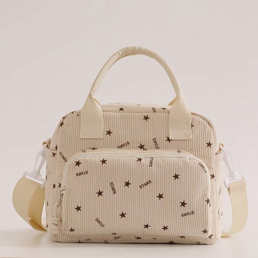 Large Capacity Insulated Lunch Bag Reusable Thermal Cooler Tote With Adjustable Strap Thick Corduroy & PEVA Liner Fashion Pattern Leakproof Soft Storage Bag Multiple Compartments For Women Men Office School Picnic Camping Valentine's Day Gift - Beige Stars - View 1