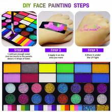 42-Grid 54-Color Face And Body Paint Set, Water-Soluble Face Paint, Includes 2 Brushes, Matte, Neon, Glitter Combination Set, Suitable For Halloween, Stage Performance, Festival And Makeup Party - Multicolor - View 6