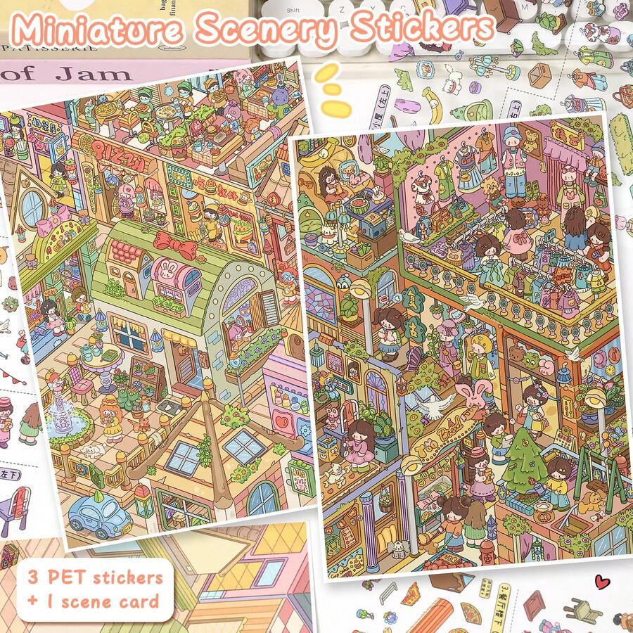 特大號 DIY 場景貼紙附定位線,成人風景貼紙、房屋貼紙、手帳貼紙、3D 微縮房屋場景貼紙、DIY 手帳貼紙、風景貼紙、景觀貼紙、手工貼紙,可重複使用,多種尺寸可選 - A - 查看 1