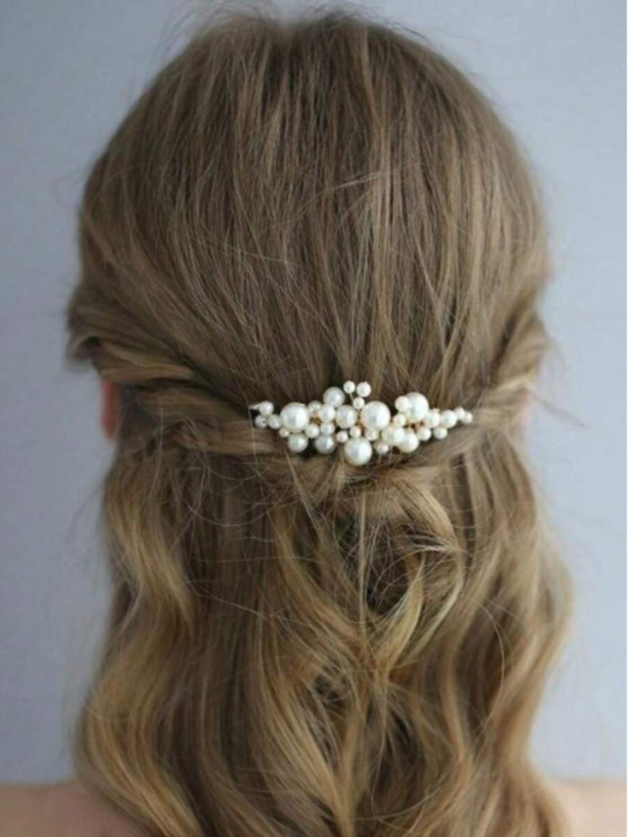 1 pezzo Pettine da sposa semplice con perle finte, accessorio per capelli da donna adatto per occasioni quotidiane e matrimoni - Dorato - Visualizzare 1