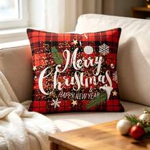 1 Stück doppelseitig bedruckter Büffel-Karo-Kissenbezug, Frohe Weihnachten & Frohes Neues Jahr Schneeflocken-Kieferndruck quadratischer Kissenbezug, 100% Polyester weicher Stoff, Sofa Schlafzimmer Weihnachts-Neujahrs-Heimdekoration, perfektes Feiertagsgeschenk, ohne Kissenfüllung - Verschiedenfarbig - Übersicht 3
