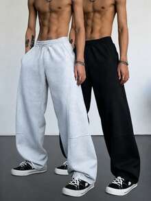 2pcs Men's Solid Color Drawstring Waist Pocket Casual Loose Sports Sweatpants, Knit Fabric Athletic Long Pants - Multicolor - View 5