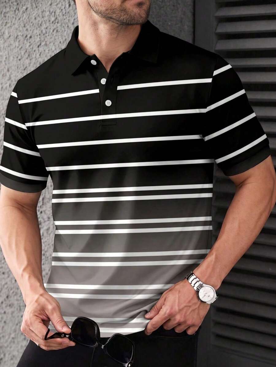 Men's Gradient Striped Business Casual Short Sleeve Polo Shirt, Spring/Summer - Multicolor - View 1