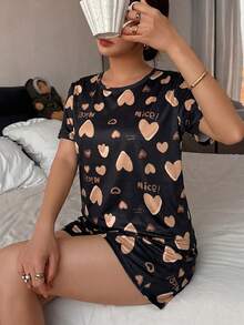 Women's Heart Print Short Sleeve Pajama Shorts Set 2pcs - Black - View 5