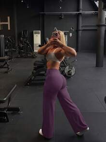 1 Pair Women's Solid Color Loose Yoga Wide Leg Pants, Comfortable Fitted Versatile, Suitable For Running, Fitness And Yoga Spring Sports - Purple - View 9