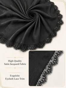1pc Women Matte Satin Jacquard Hijab Scarf, Opaque Eyelash Lace Trim Muslim Headscarf Shawl For Abaya, 70.9 X 27.6 In - 2# Black - View 5