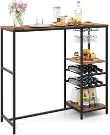 48" Bar Table, Dining Table With Storage Shelves, Glasses Holders, Wine Racks, Adjustable Foot Pads, Metal Frame, Counter Height Bistro Tables For Kitchen Living Room Dinette (Rustic Brown) - Rustic Brown - View 9