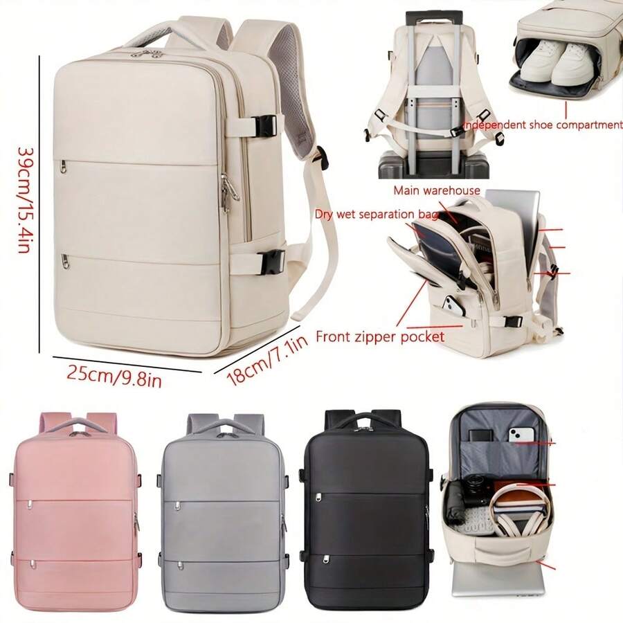 Men's Backpack, Solid Black Minimalist Business Daypack, Multi-Layer Laptop Compartment, For Office Business Trip Daily Commute - Multicolor - View 1