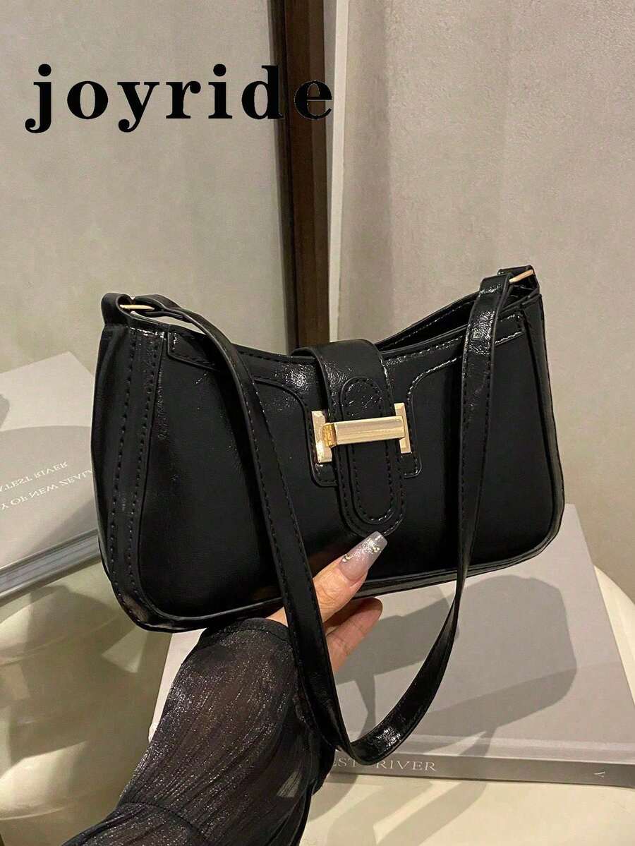优雅新月形腋下单肩包，女士时尚休闲纯色腋下包 - 黑色 - 查看 1