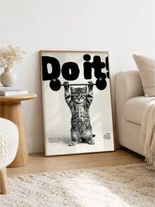 1pc Frameless Wall Poster,Cat Gym Poster - Kitten Lifting Weights Motivational Print, Funny Workout Home Gym Wall Art - Text a - View 1