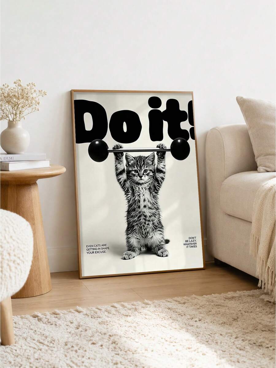 1pc Frameless Wall Poster,Cat Gym Poster - Kitten Lifting Weights Motivational Print, Funny Workout Home Gym Wall Art - Text a - View 1