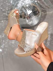 Women's Summer Champagne Gold Sequin Patchwork Wedge Platform Sandals, Thick Sole Height-Increasing Waterproof Wedge High Heel Slip-On Slides - Champagne - View 3