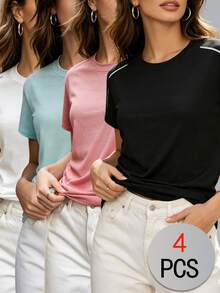 4Pcs Women's Round Neck Quick-Dry Short Sleeve T-Shirt, Inner Layer Or Outer Wear Summer - Multicolor - View 5