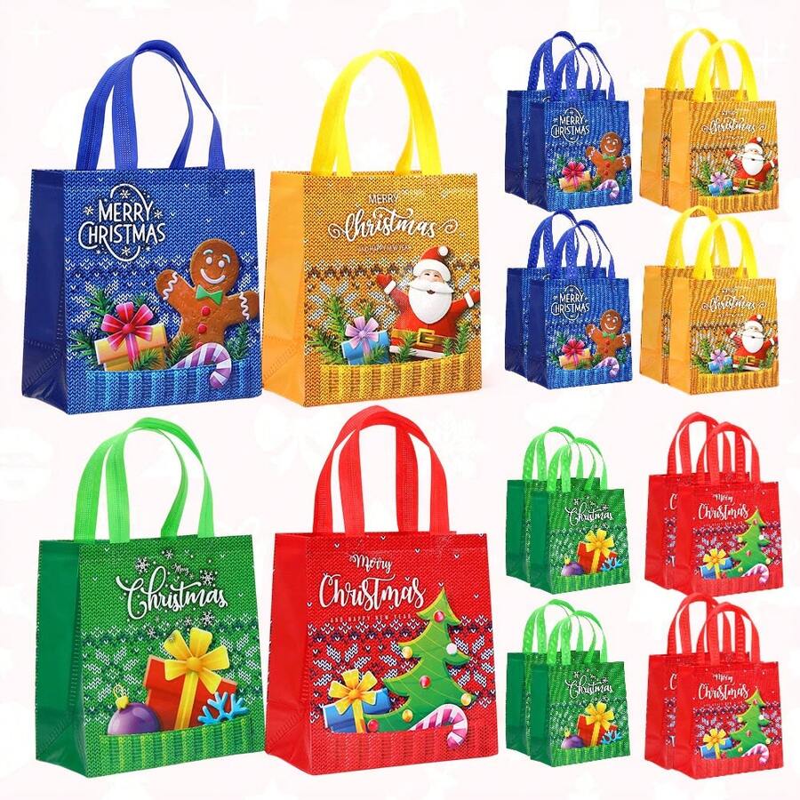 CARRIECUR Knit Pattern Christmas Reusable Non-Woven Tote Gift Bags, 4 Designs Santa Xmas Tree Gingerbread Gift Box Print Multicolor Handle Goodie Bags For Christmas Gift Wrapping, Xmas Party Favors, Winter Birthday & Retail Holiday Packaging Supplies - View 1