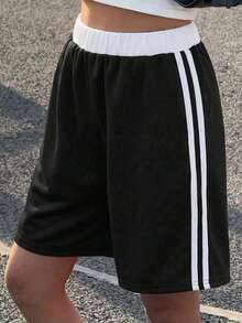1 buc. pantaloni scurți Bermuda sport casual pentru fete adolescente, cu buzunar și contrast de culoare, stil școlar, primăvară-toamnă-iarnă - Negru - Vizualizare 3