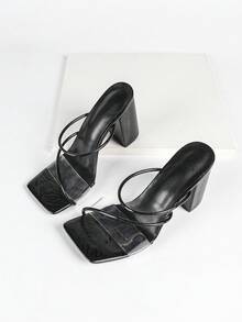 Women's Black Square Toe Chunky Heel Transparent Strap Sexy High Heel Sandals, Height-Enhancing Leg-Lengthening Fashion Versatile Comfortable Shoes - Black - View 3