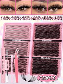 720pcs Ultra High Density DIY False Eyelash Set, 8-16mm 10D-150D D Curl Natural Style, Ultra Thick & Fluffy, Suitable For Daily Use And Beginners, Perfect For Daily Occasions, Weddings, Outdoor Activities, Travel, Parties - Pink - View 16