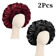 Awegeo 2Pcs Women's Bonnet Solid Color Tie Design Silky Satin Cap Casual Comfortable Home Sleep Cap Daily Hair Protection Cap - 2Pcs - View 21