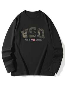 Women's New Autumn/Winter Long Sleeve T-Shirt, Design-Focused Camouflage & English Letter Print, Round Neck, Casual Versatile Top - Black - View 7