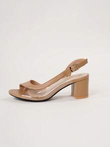 Sandal Wanita Model Low Vamp Peep-Toe Slingback dengan Gesper dan Hak Tebal, Kasual dan Serbaguna, Warna Aprikot, Motif Patchwork, Bagian Atas TPU Transparan. - Aprikot - View 9
