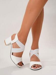 Giày sandal cao gót đế dày kiểu đan chéo, màu trắng thanh lịch, quai ngang mắt cá chân, thích hợp cho trang phục mùa xuân hè. - trắng - Xem 9