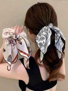 1 Pc Retro Horse Pattern Satin Scarf Scrunchie, Long Floating Ribbon Bow Elastic Hair Tie, Fashion Ponytail Holder Hair Accessory For Ladies Daily - Multicolor - View 2