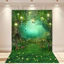 Bottom 2D Plano de Conto de Fadas Mundo Fantástico - Decoração de Mesa de Bolo de Festa de Aniversário com Borboleta da Floresta Tropical Verde, Banner de Cenário para Fotografia - verde - Visão 2