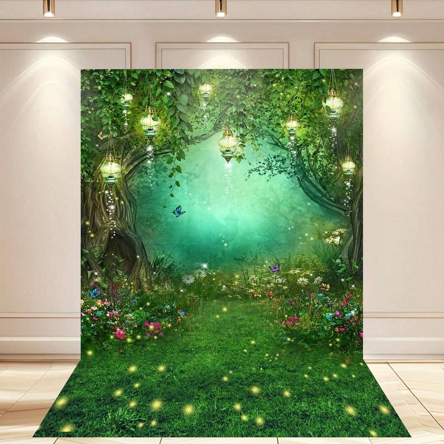 Bottom 2D Plano de Conto de Fadas Mundo Fantástico - Decoração de Mesa de Bolo de Festa de Aniversário com Borboleta da Floresta Tropical Verde, Banner de Cenário para Fotografia
