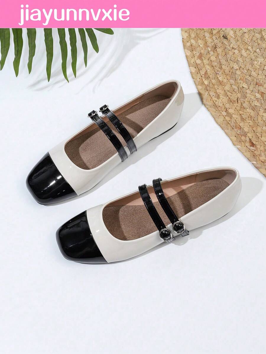 Spring & Autumn Mary Jane Shoes For Women, Uniform Small Leather Shoes With Double Straps, Plus Size Color Block Glossy Leather, All Season