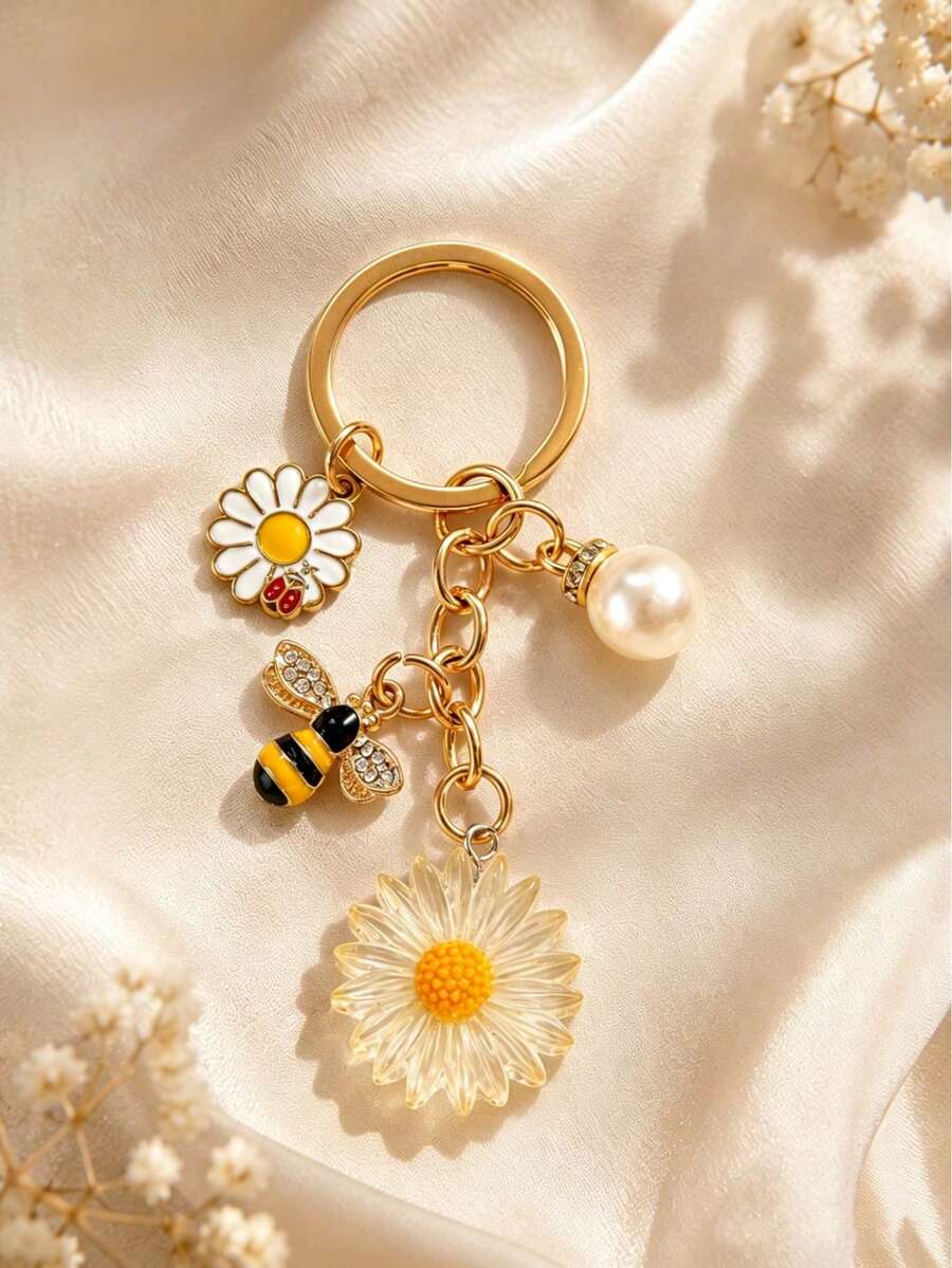 1 Set 3pcs Women's Ins Style Yellow Heart Transparent Daisy Flower Pendant With Rhinestone Bee Charm Faux Pearl Pendant Fresh Bag & Key Chain - Multicolor - View 1