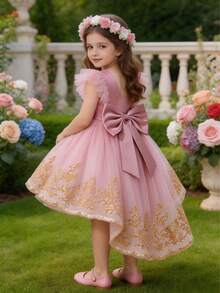 Girls' Elegant Flutter Sleeve Gold Thread Embroidered Train Dress, Puff Skirt Party Dress, Wedding Flower Girl Dress, Evening Gown - Pink - View 3