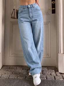 Jeans casuales y versátiles de unicolor, de corte y delgado con bolsillo, para primavera - Azul lavado medio - Ver 5
